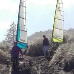 Wheeling our blokarts down to the beach.